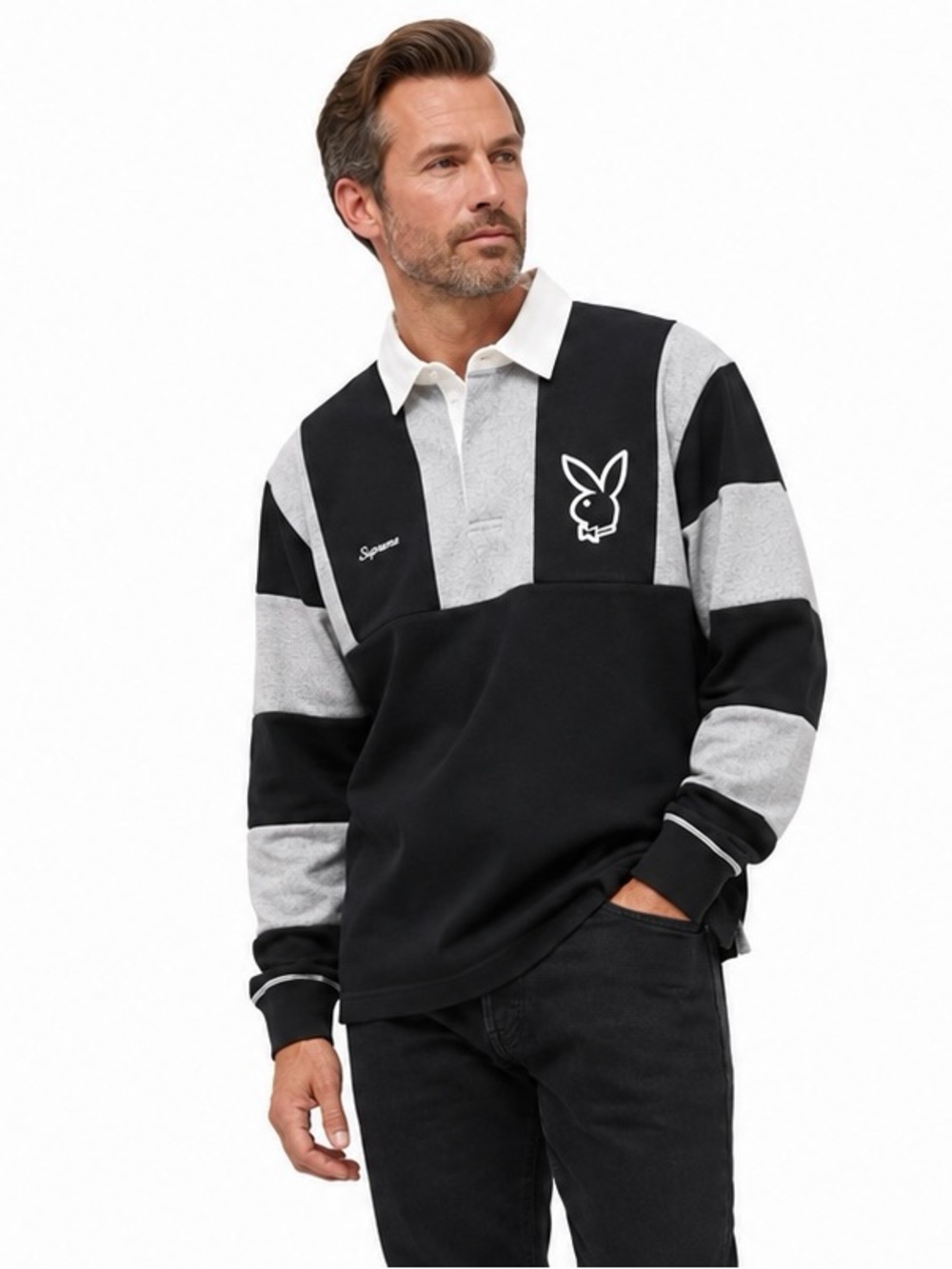Supreme x Playboy Rugby Shirt XL Black Gray Embroidered Bunny Long Sleeve Polo